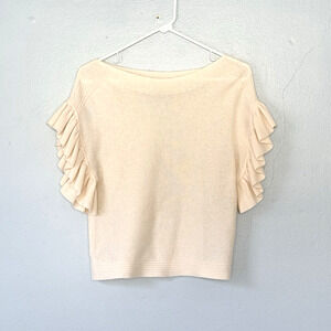 White + Warren Cashmere Sweater XS Ivory Cream Ruffle Sleeve Preppy Classic
